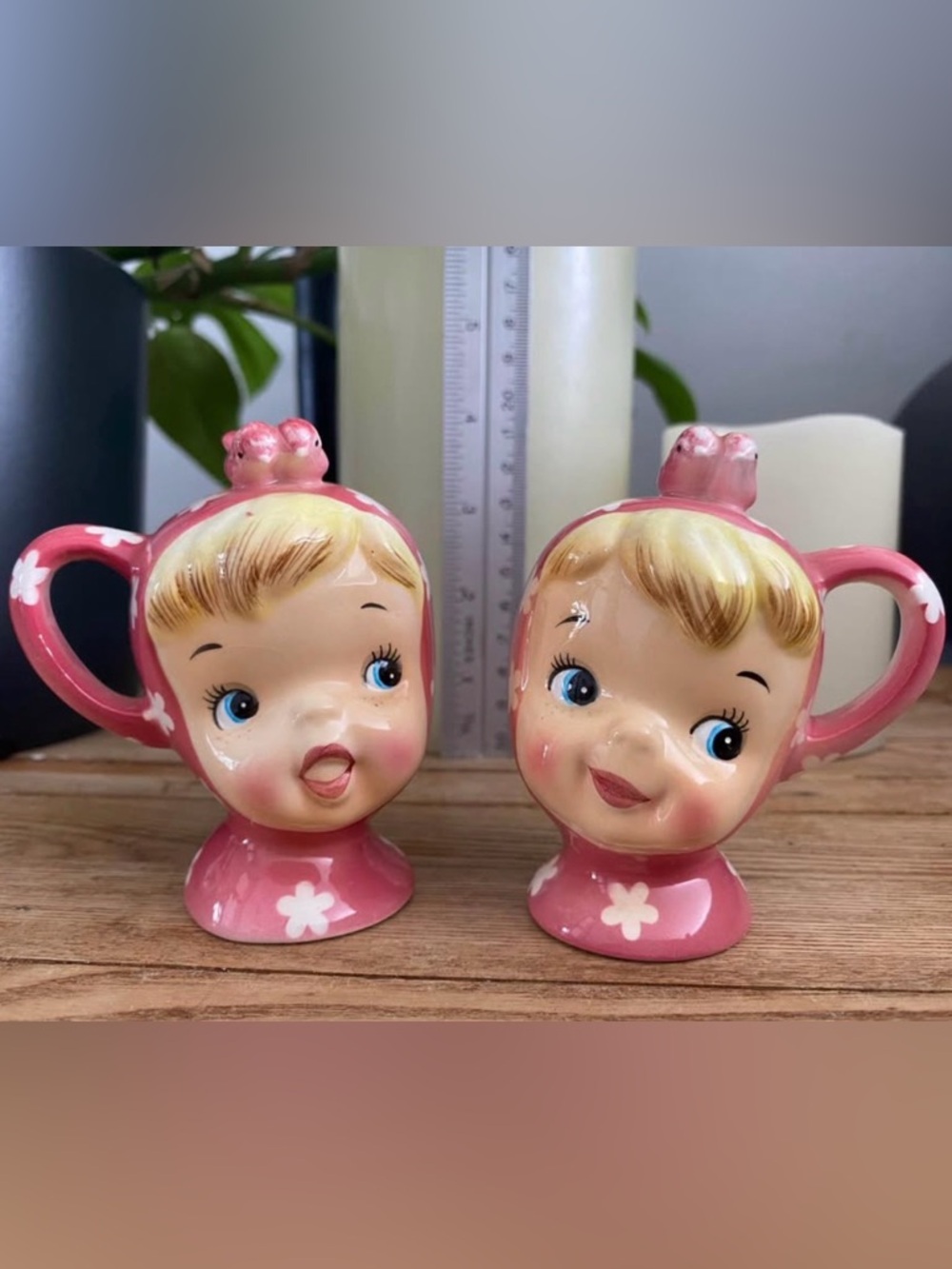 VTG Napco Pink Miss Cutie Pie Salt & Pepper Shakers Pink MCM Japan Rare